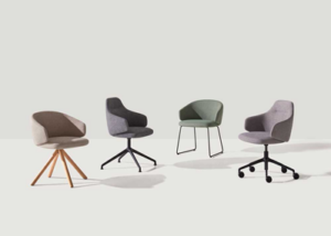 Cuatro variantes del sillón con distintas bases: madera, giratoria, patín metálico y con ruedas