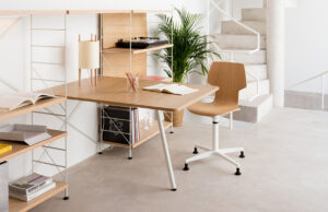 Escritorio de madera integrado en la estantería modular con silla de contrachapado y planta