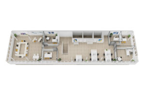 Render axonométrico de la planta de oficinas con la distribución completa de despachos y salas