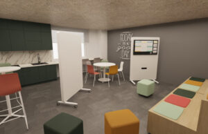 Office con muebles verdes, encimera de mármol, mesa redonda con sillas de colores y pantalla informativa
