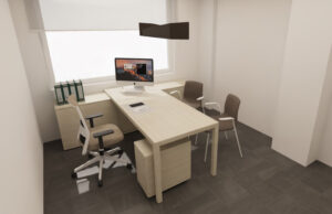 Despacho individual con mesa de madera clara, silla operativa y dos sillas de visita