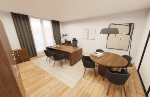 Render de despacho de dirección con mesa de madera, mesa ovalada de reuniones, sillas oscuras y lámpara de arco