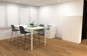 Render de sala de trabajo con mesa alta blanca, taburetes y armario blanco