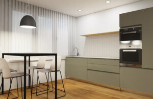 Render de office con muebles verde oliva, horno y microondas y mesa alta con taburetes