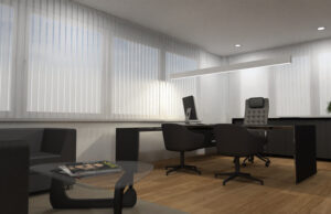 Render de despacho oscuro con mesa negra, butacas y cortinas verticales