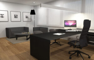 Render de despacho con mesa negra, sofá de espera y cuadros en blanco y negro