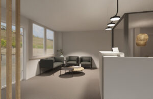 Render de sala de espera con butacas oscuras, mesas de centro redondas y mostrador