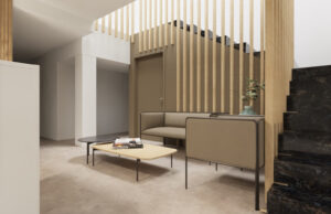 Render de vestíbulo con celosía de listones de madera, banco tapizado y mesa baja