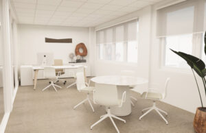 Render de despacho con mesa blanca, mesa redonda de reuniones y escultura decorativa
