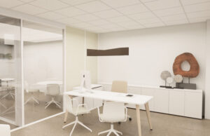 Render de despacho con mesa blanca, aparador y escultura de madera sobre el mueble