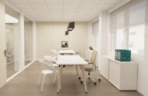 Render de sala con dos mesas de trabajo blancas, sillas y armarios bajos
