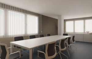 Render de sala de juntas con mesa blanca alargada, sillas oscuras y pared marrón