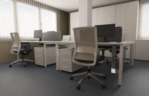 Render de puestos de trabajo con cajoneras, separadores y sillas de malla