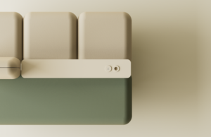 Detalle cenital de banco modular beis y verde con bandeja integrada