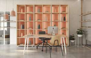Óptica con estantería de fondo coral, mesa de atención y sillas