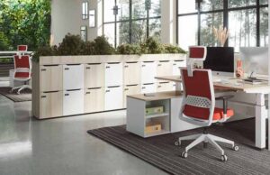 Taquillas blancas y de madera con jardinera superior junto a puestos de trabajo con sillas rojas