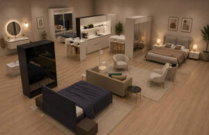 Vista cenital de un apartamento turístico completo con dormitorio, salón, cocina y baño amueblados