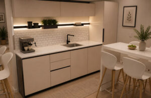 Cocina de alojamiento turístico con frentes claros, azulejo metro blanco, barra de desayuno y taburetes